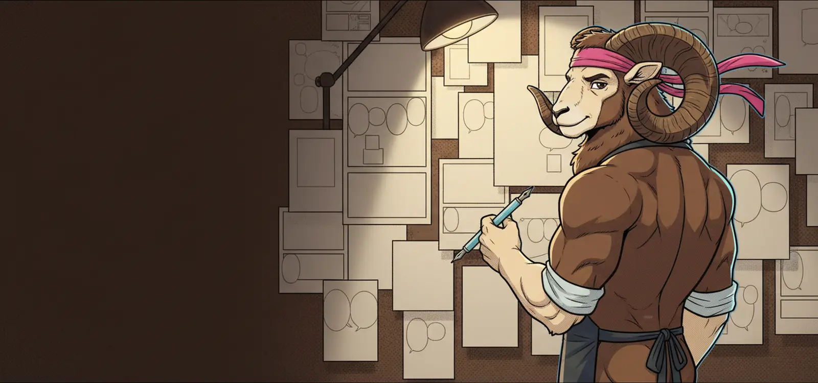 Gabin, de dos, devant un mur de planches épinglées, sous une lampe d’atelier